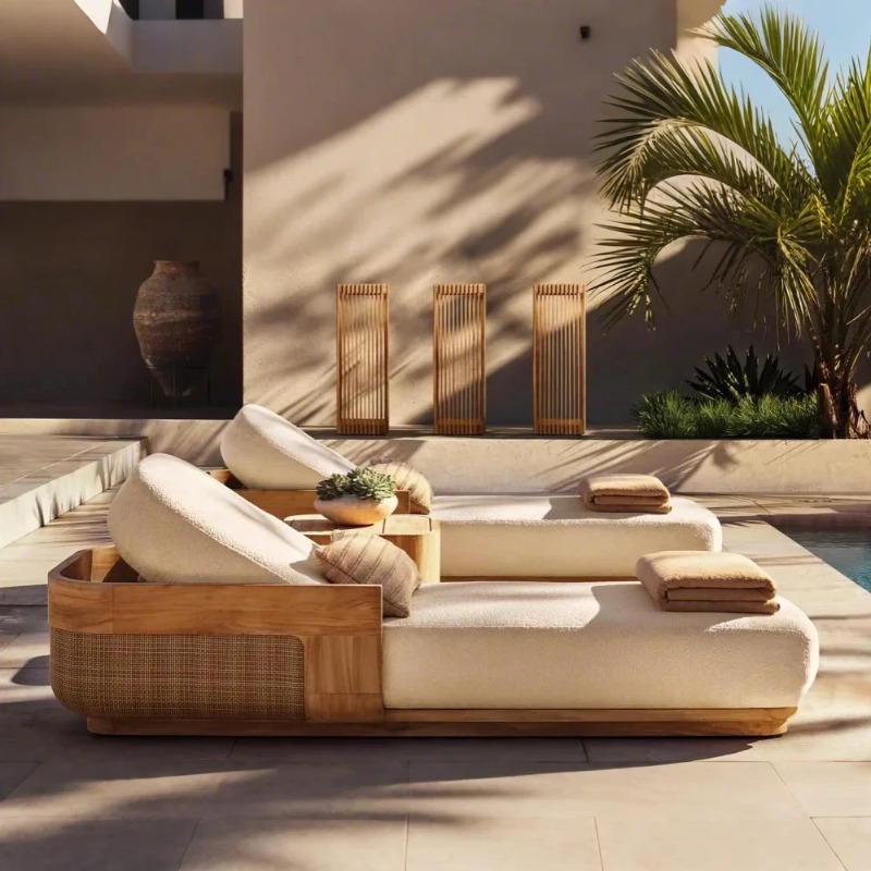 Rattan Lounge Set - مجموعة كراسي استلقاء وسرير نهاري للشاطئ،